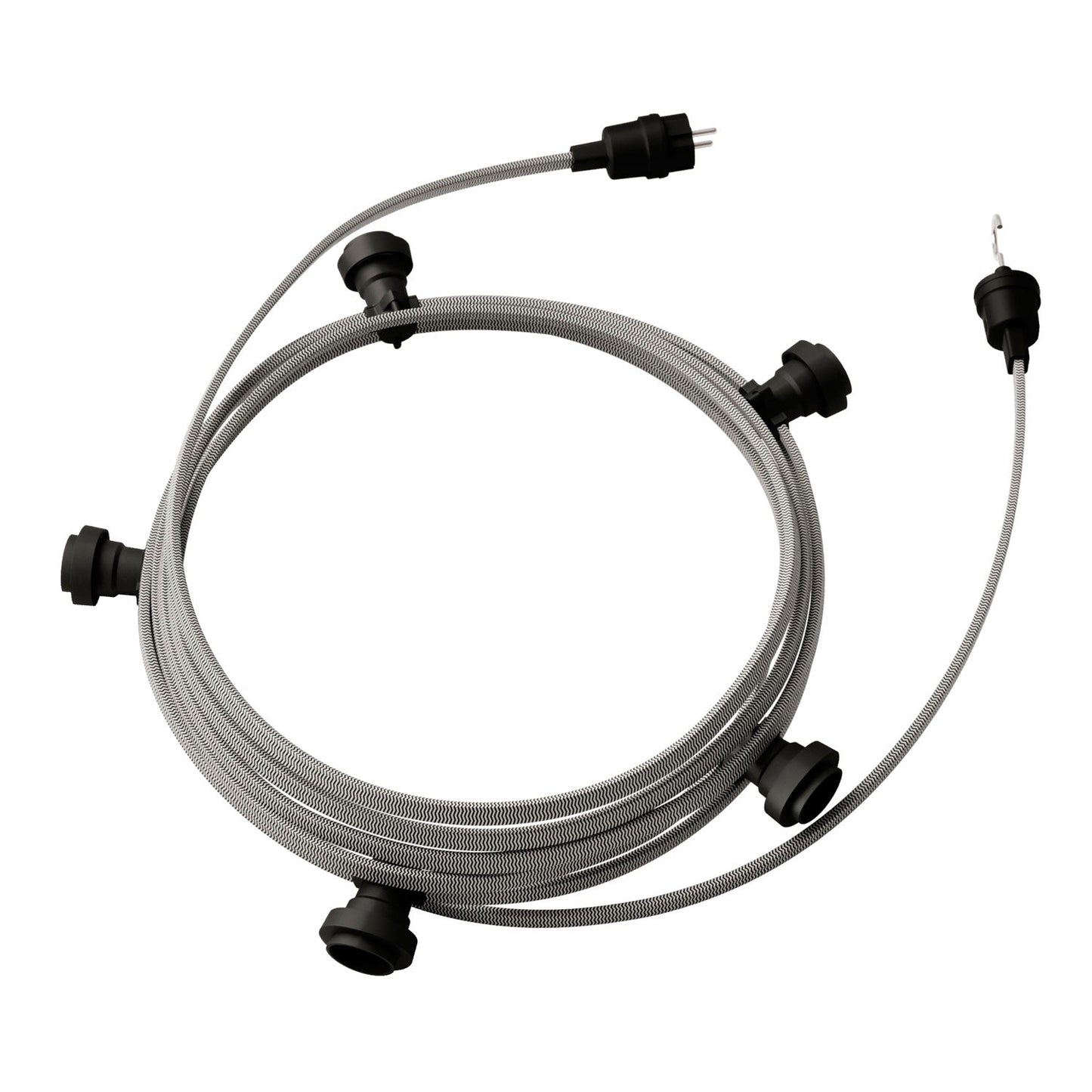 Catenaria Sistema Lumet da 7,5 m con cavo tessile CZ04, 5 portalampada, gancio e spina neri