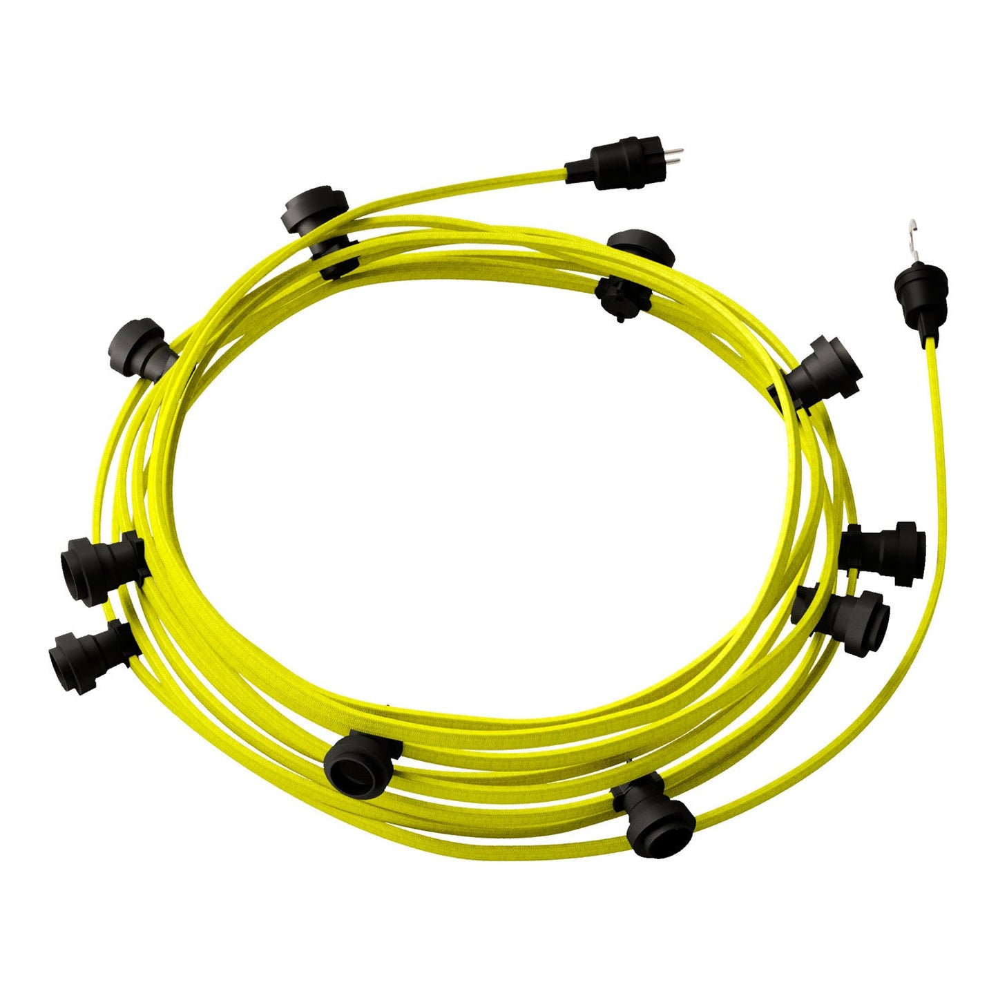 Catenaria Sistema Lumet da 12,5 m con cavo tessile CF10, 10 portalampada, gancio e spina neri