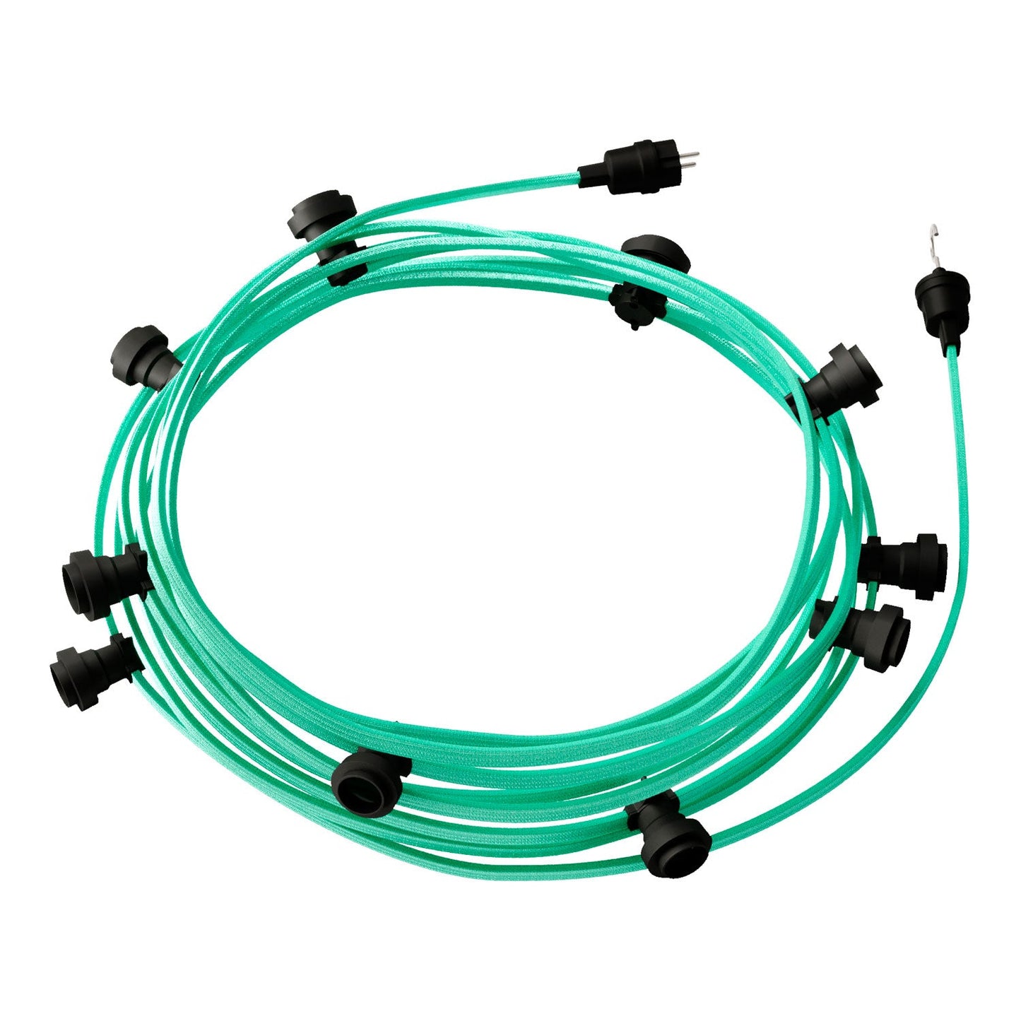 Catenaria Sistema Lumet da 12,5 m con cavo tessile CH69, 10 portalampada, gancio e spina neri