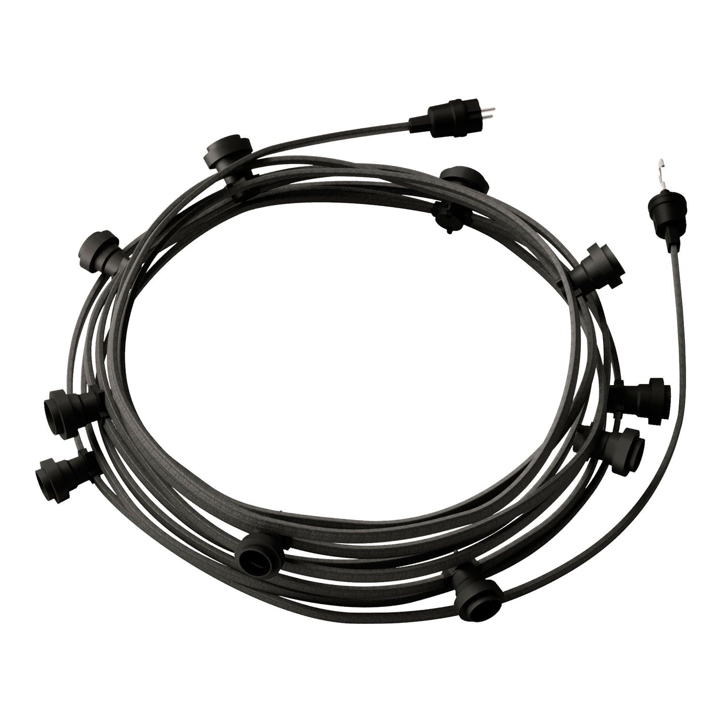 Catenaria Sistema Lumet da 12,5 m con cavo tessile CM03, 10 portalampada, gancio e spina neri