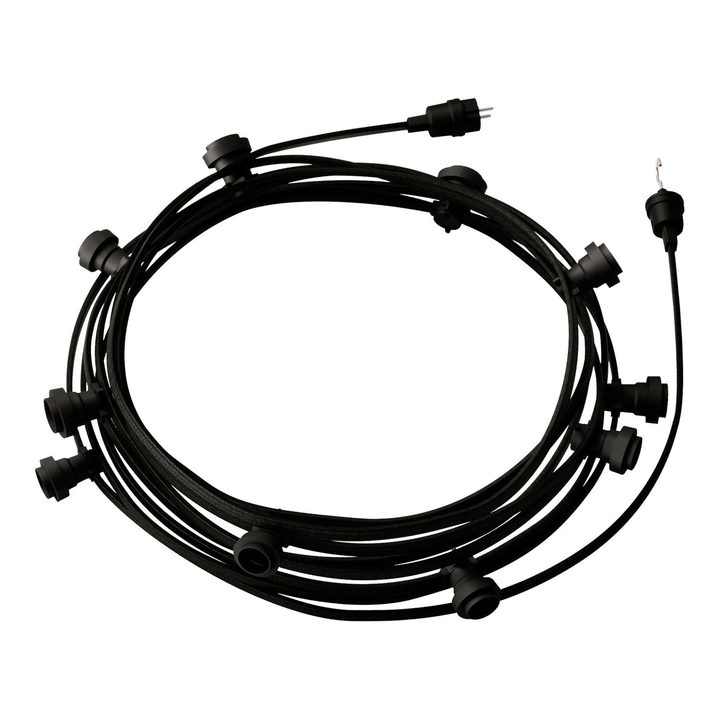 Catenaria Sistema Lumet da 12,5 m con cavo tessile CM04, 10 portalampada, gancio e spina neri