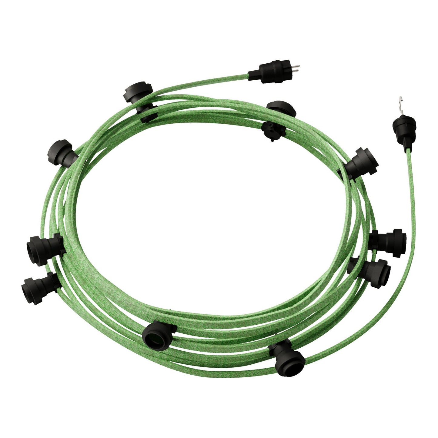 Catenaria Sistema Lumet da 12,5 m con cavo tessile CX08, 10 portalampada, gancio e spina neri