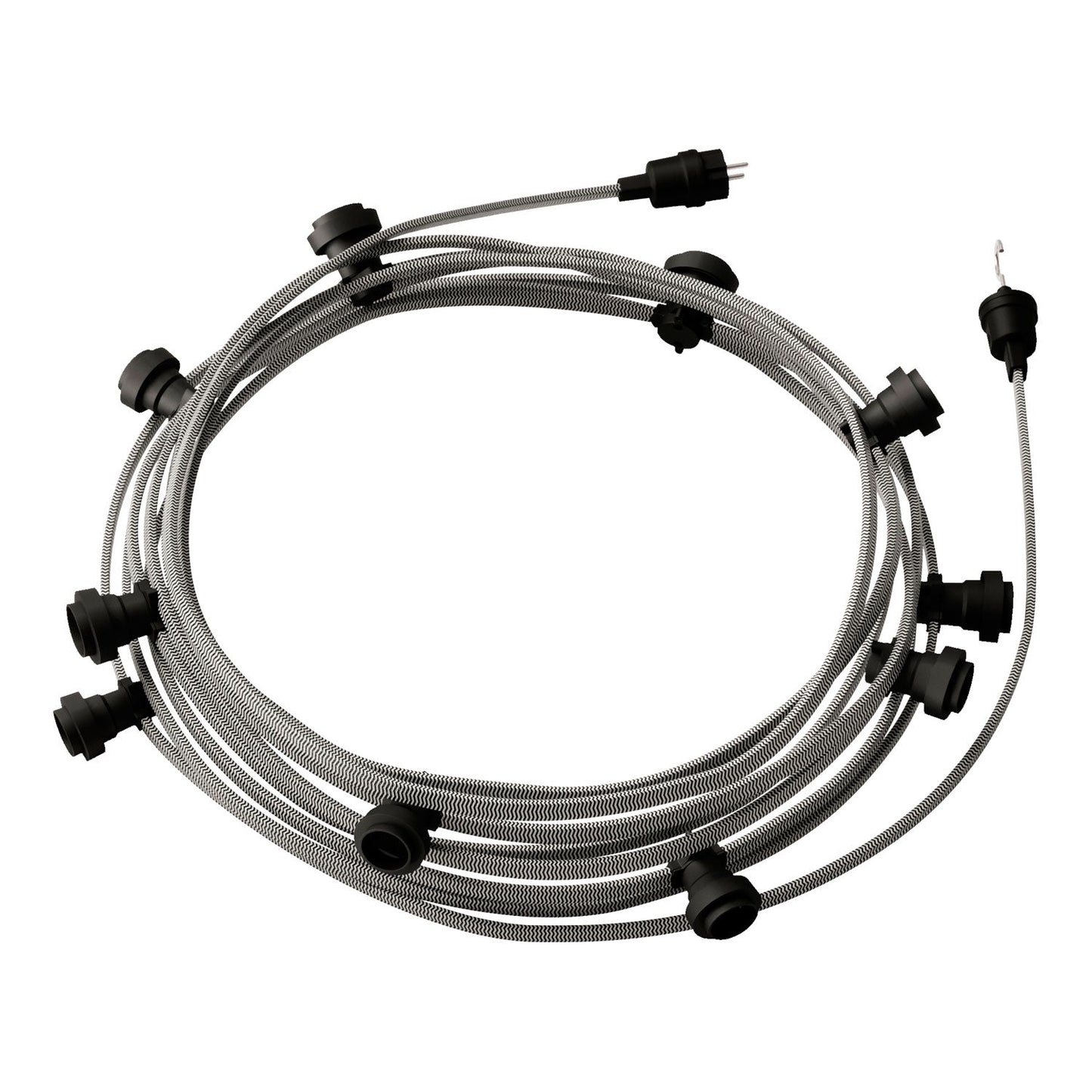 Catenaria Sistema Lumet da 12,5 m con cavo tessile CZ04, 10 portalampada, gancio e spina neri