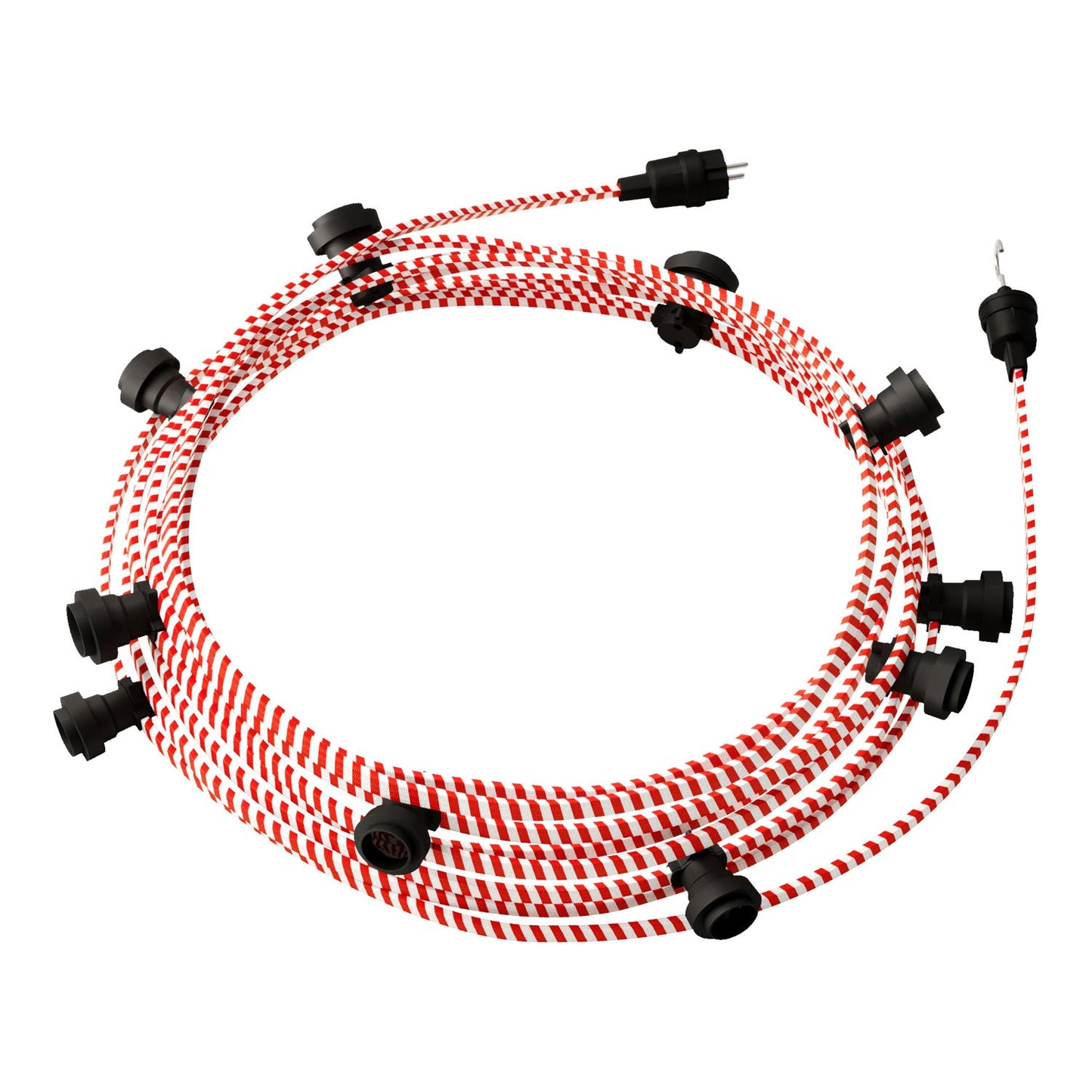 Catenaria Sistema Lumet da 12,5 m con cavo tessile ECM39, 10 portalampada, gancio e spina neri