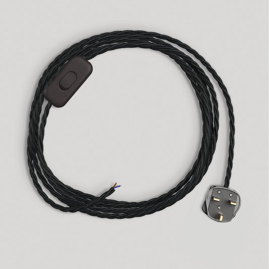 Cablaggio per lampada con cavo nero trecciato 1,80 m e spina UK