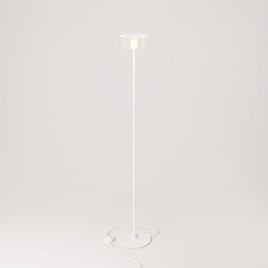 Lampada da terra MAG-Y con base metallica tonda e lampadina Ghost trasparente - Bianco opaco