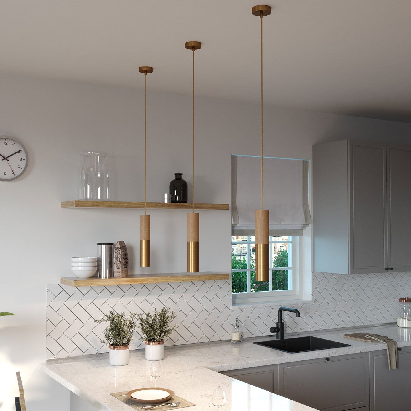 Tub-E14, tubo in legno e metallo per faretto con portalampada doppia ghiera E14 - Neutro e Bronzo satinato