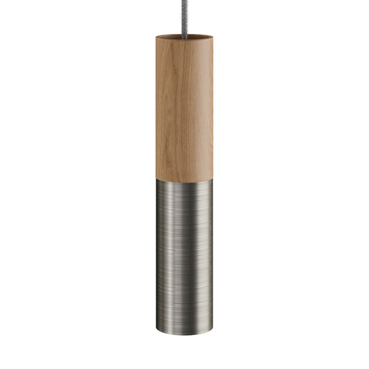Tub-E14, tubo in legno e metallo per faretto con portalampada doppia ghiera E14 - Neutro e Titanio satinato