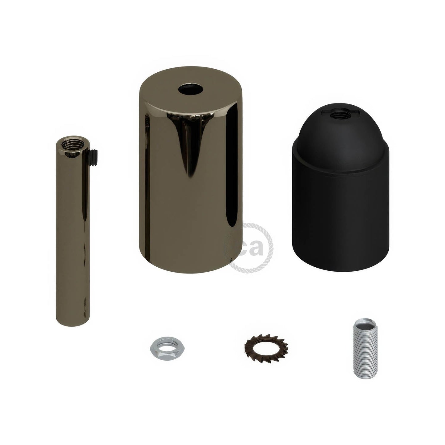 Cylindrical metal UL E26 light bulb socket kit with 7 cm cable clamp - Black pearl