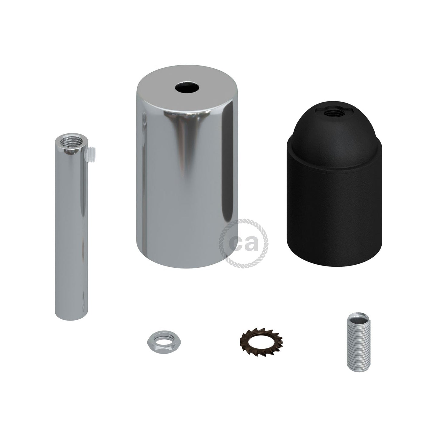 Cylindrical metal UL E26 light bulb socket kit with 7 cm cable clamp - Chrome