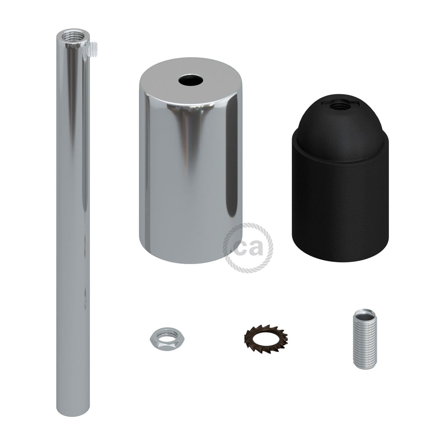 Cylindrical metal UL E26 light bulb socket kit with 15 cm cable clamp - Chrome