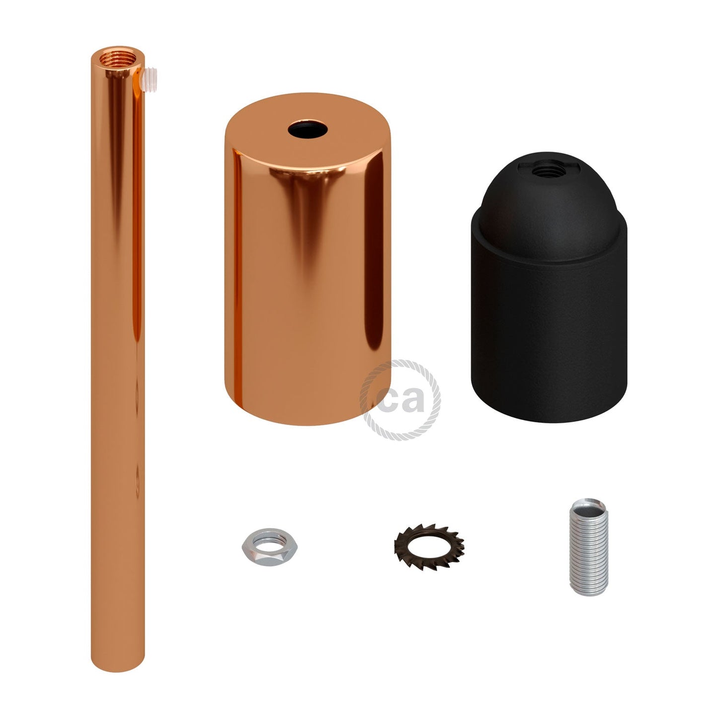 Kit portalampada E27 cilindrico in metallo con serracavo da 15 cm - Rame