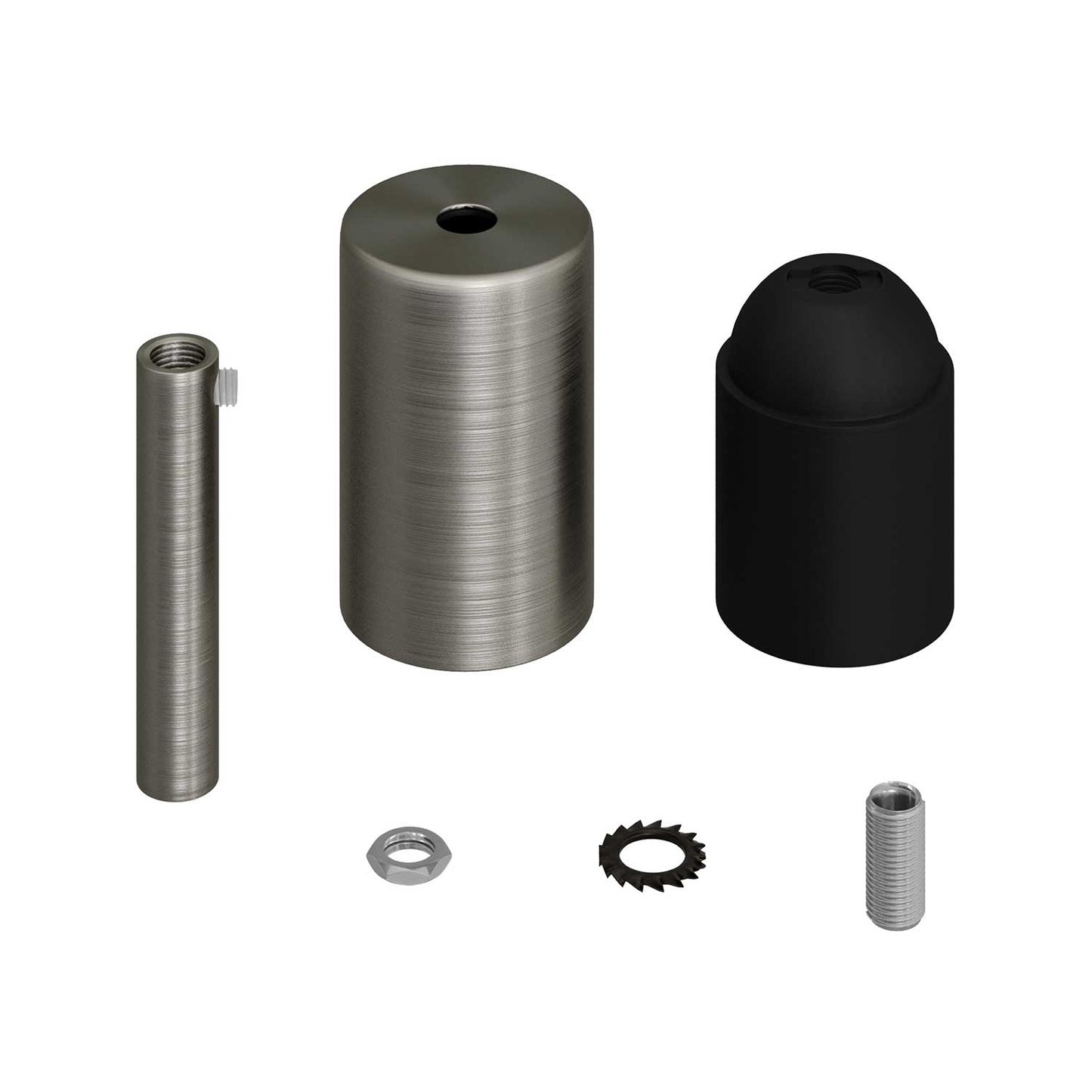 Cylindrical metal UL E26 light bulb socket kit with 7 cm cable clamp - Brushed titanium