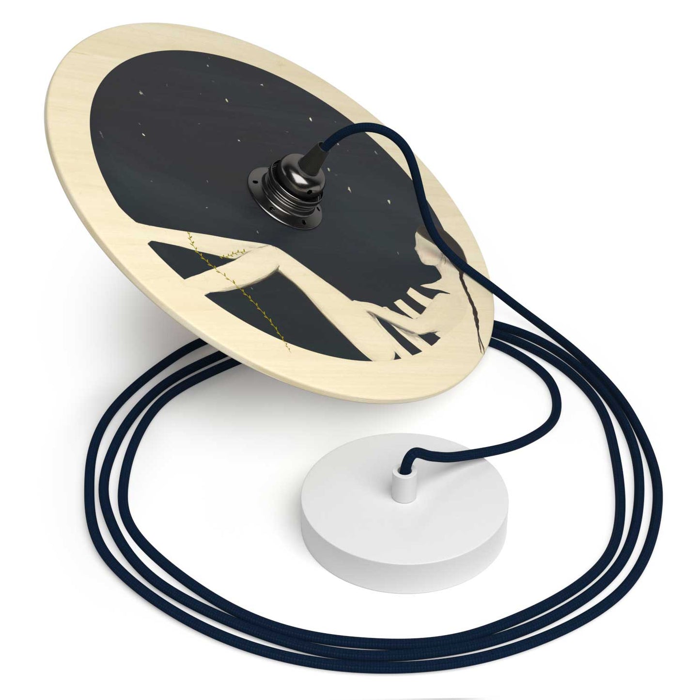 Lampada a sospensione completa di cavo tessile, paralume in legno UFO double-face e finiture in metallo - Chiara Fucà