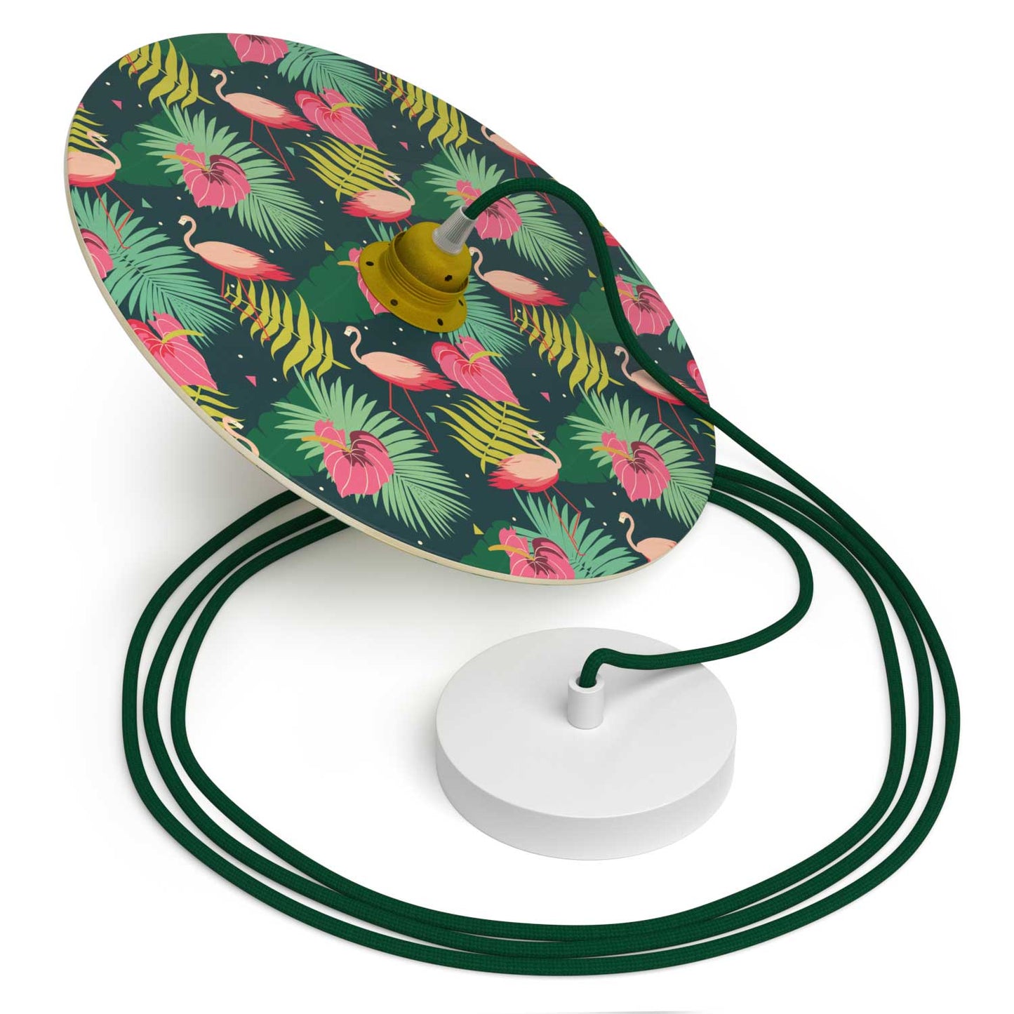 Lampada a sospensione completa di cavo tessile, paralume in legno UFO double-face e finiture in metallo - Annachiara Zaminato