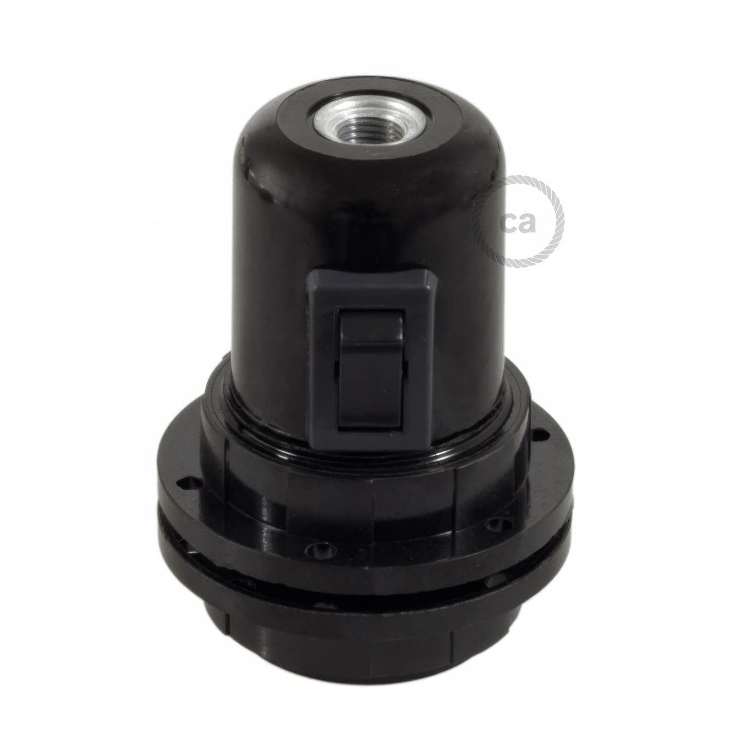 Kit portalampada E27 in bakelite con doppia ghiera per paralume e interruttore - Nero
