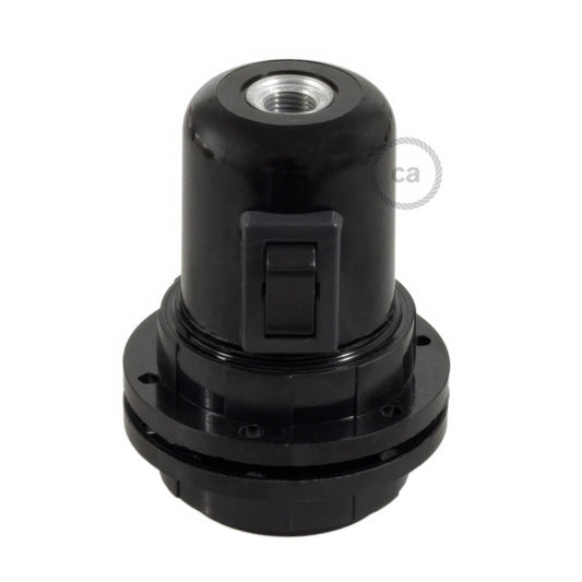 Kit portalampada E27 in bakelite con doppia ghiera per paralume e interruttore - Nero