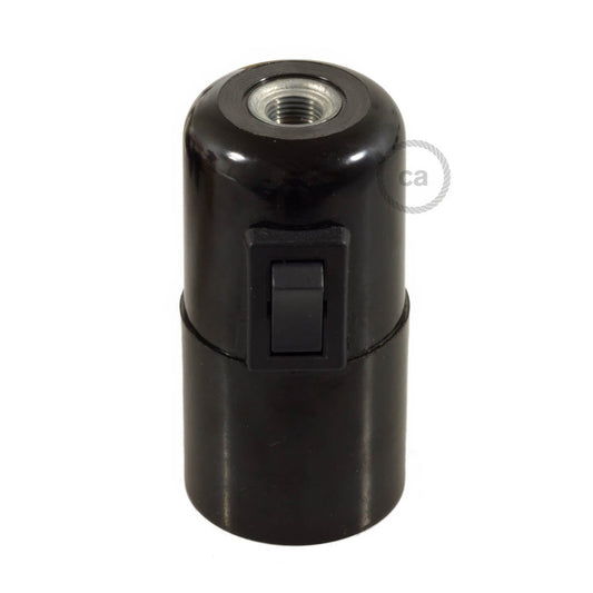 Smooth Sided Bakelite Phenolic E26 light bulb socket - ON/OFF SWITCH - Black
