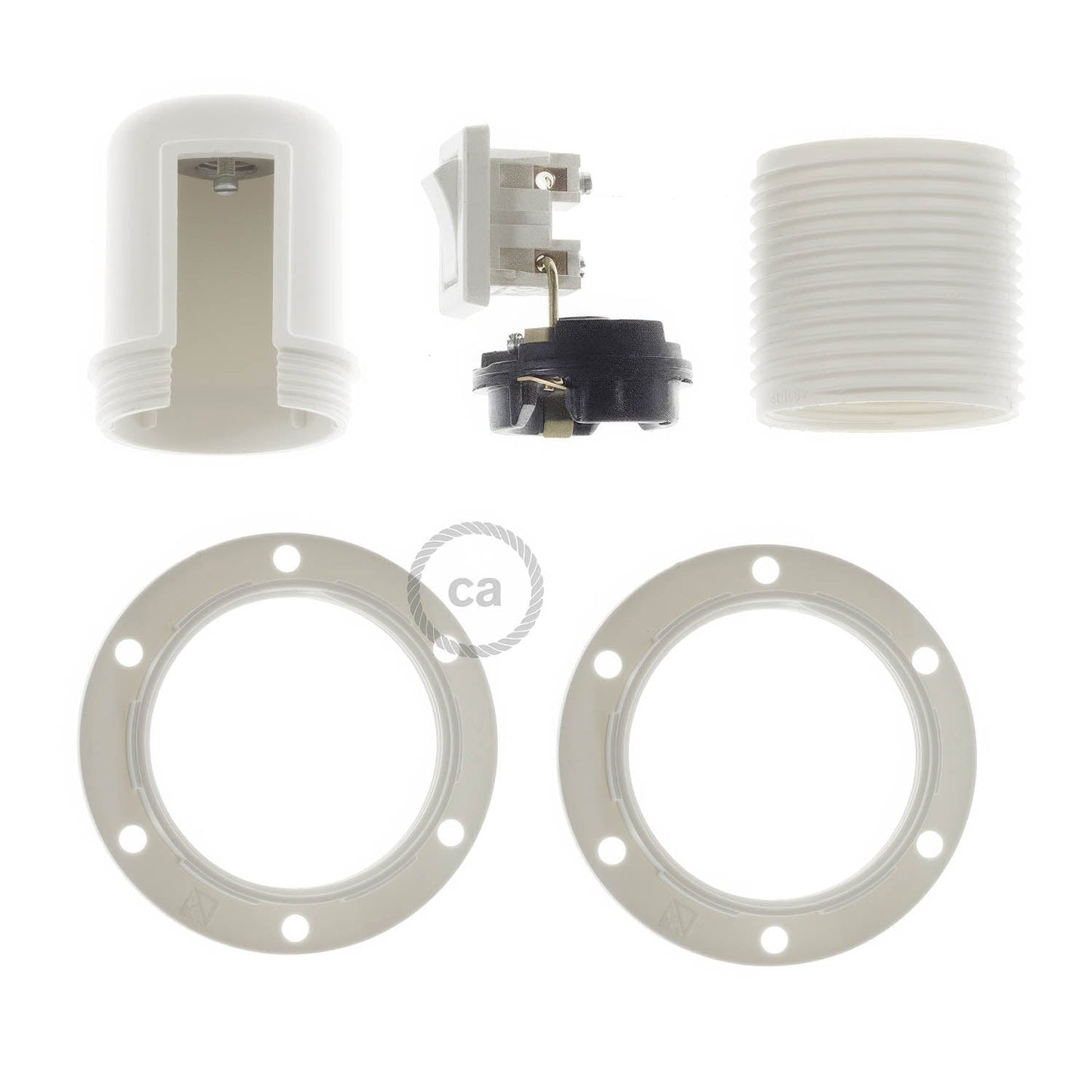 Kit portalampada E27 in termoplastica con doppia ghiera per paralume e interruttore - Bianco