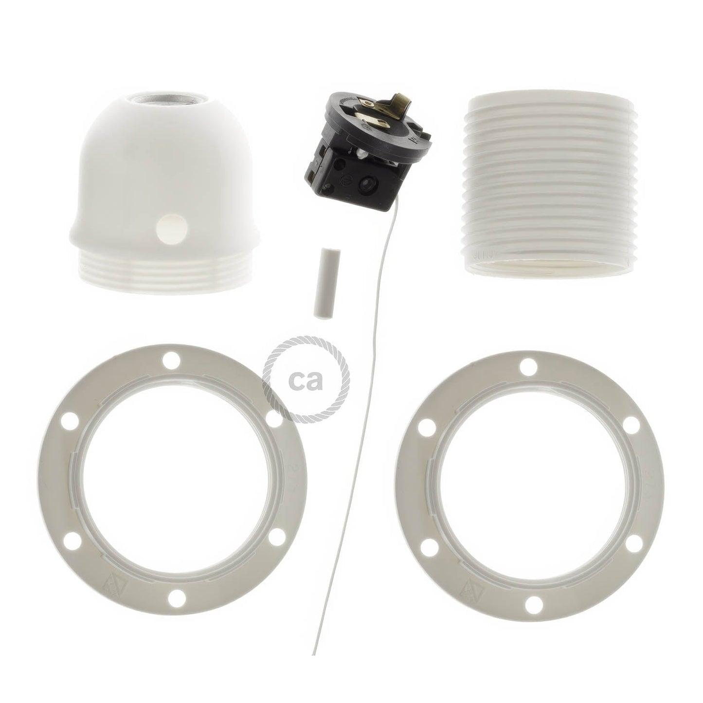 Kit portalampada E27 in termoplastica con doppia ghiera per paralume e interruttore a tirante - Bianco
