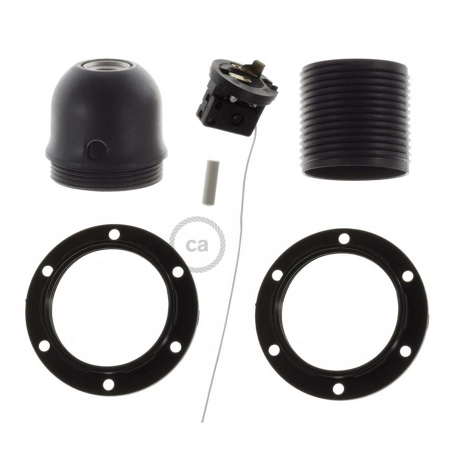 Kit portalampada E27 in termoplastica con doppia ghiera per paralume e interruttore a tirante - Nero