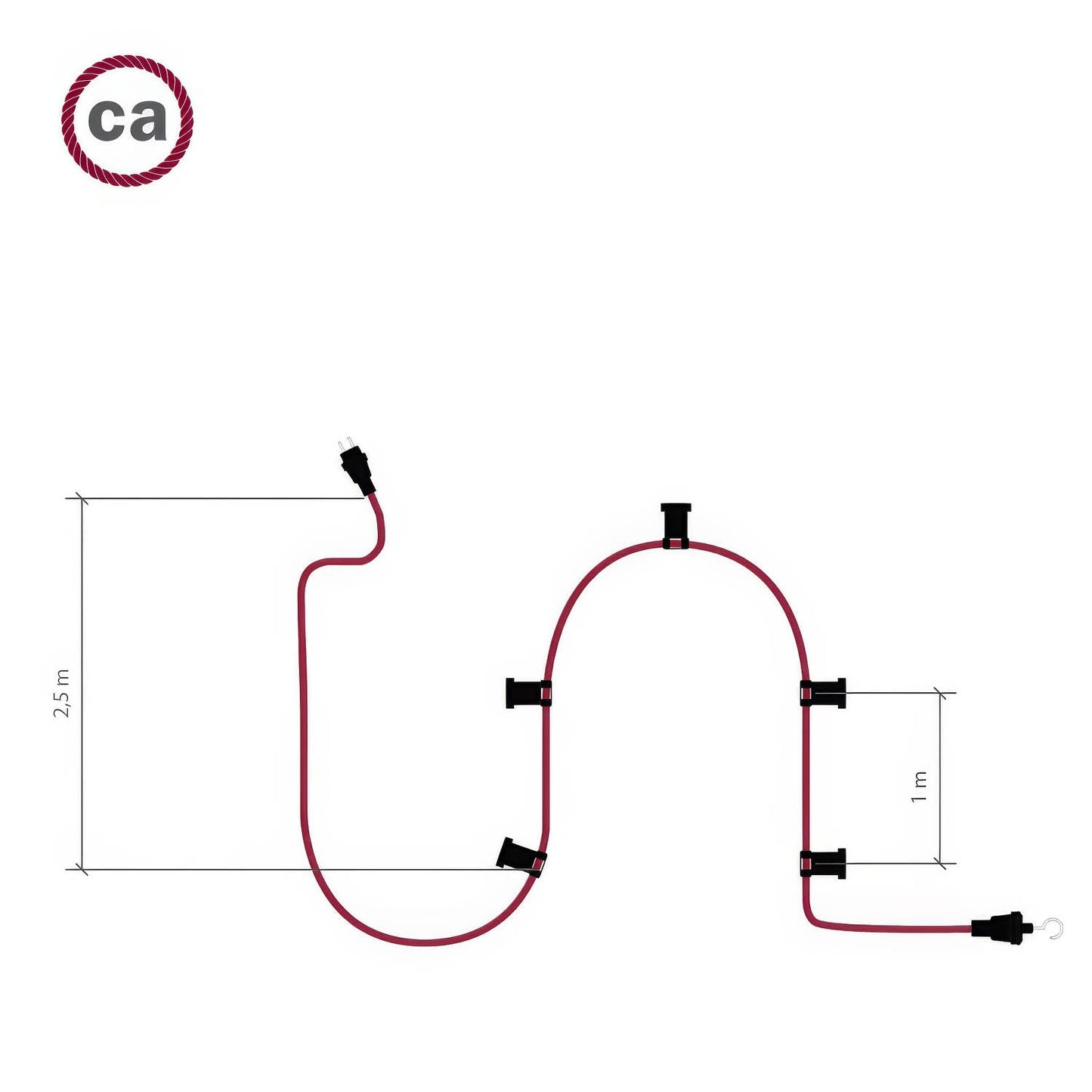 Catenaria Sistema Lumet da 7,5 m con cavo tessile CF10, 5 portalampada, gancio e spina bianchi