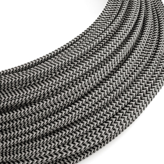 Extra Low Voltage power cable coated in silk effect fabric ZigZag Black and White RZ04