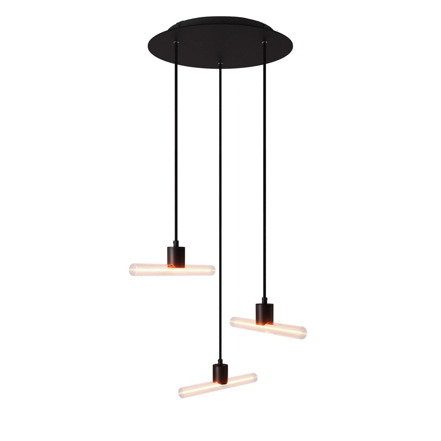 Lampada a sospensione a 3 cadute asimmetriche esse14 con Rose-One completa di cavo tessile e finiture in metallo - Nero