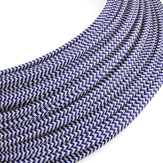 Extra Low Voltage power cable coated in silk effect fabric ZigZag White and Blue RZ12