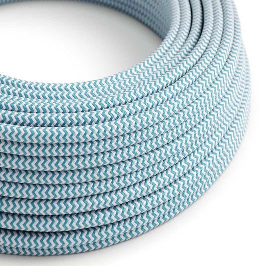 Glossy Blue Cyan and Optical White ZigZag Textile Cable - The Original Creative-Cables - RZ11 round 2x0.75mm / 3x0.75mm