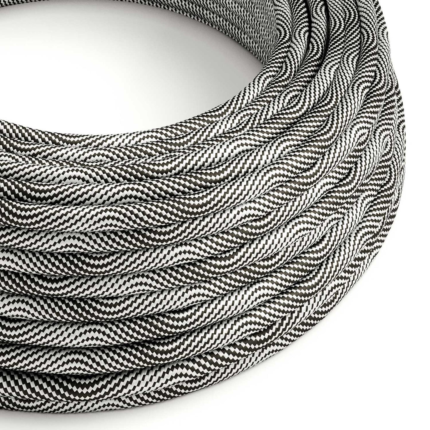 Glossy Optical Black and Silver Vertigo Textile Cable - The Original Creative-Cables - ERM64 round 2x0.75mm / 3x0.75mm