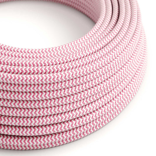 Glossy Pink Fuchsia and Optical White ZigZag Textile Cable - The Original Creative-Cables - RZ08 round 2x0.75mm / 3x0.75mm
