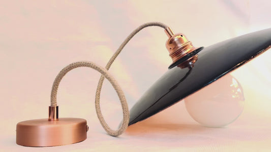 Pendant lamp complete with textile cord, flat ceramic lampshade, and metal finishes Corten effect with bulb