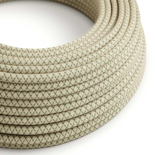 Round Electric Cable RD62 Lozenge Green Thyme Cotton and Natural Linen - UL listed