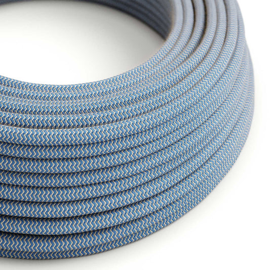 Round Electric Cable RD75 ZigZag Steward Blue Cotton and Natural Linen - UL listed