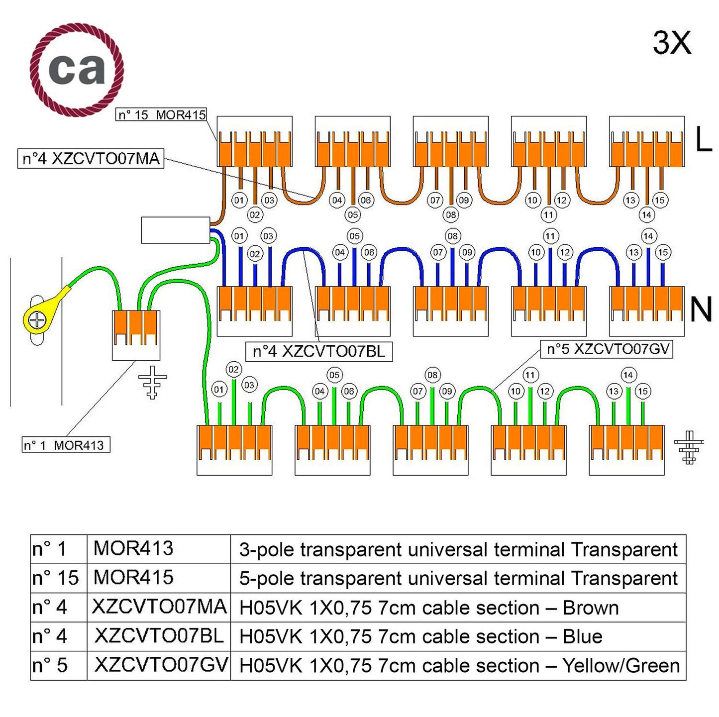 WAGO connector kit compatible with 3x cable for 15 hole ceiling rose